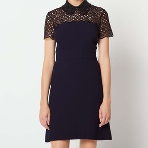 Sandro Paris Navy Cocktail Dress with Flutter Sleeves and Peter Pan Collar